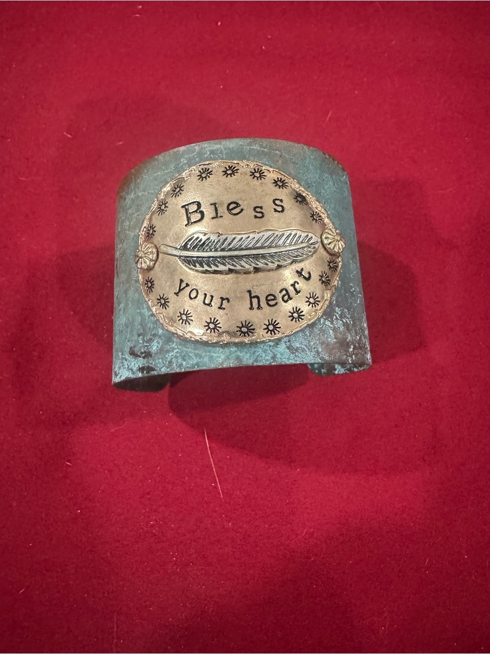 Bless Your Heart Patina Metal Decorative Cuff - green and brass NWOT